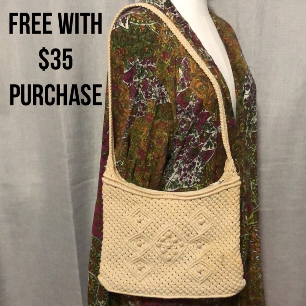 Vintage Macrame Handbag-Cream-11x8